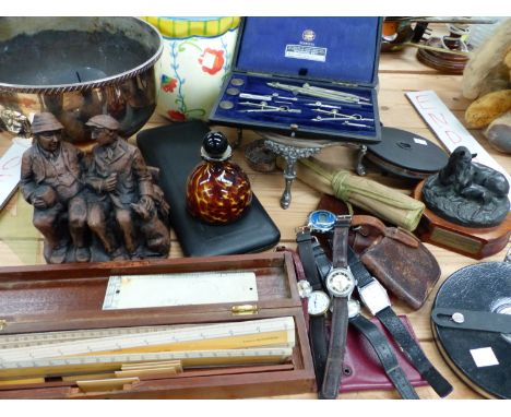 VINTAGE WRISTWATCHES INC. TIMEX, AVIA, AND OTHERS, DRAUGHTSMAN'S RULES AND DRAWING SETS, A PLATED PUNCH BOWL, FIGURES ETC.