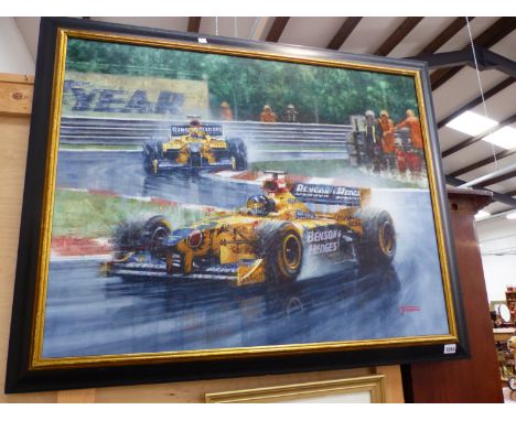 FERRIGNO (CONTEMPORY SCHOOL).&nbsp; ARR.&nbsp; A FORMULA ONE RACE SCENE SIGNED OIL ON CANVAS 71 x 92 cms.&nbsp; TOGETHER WITH