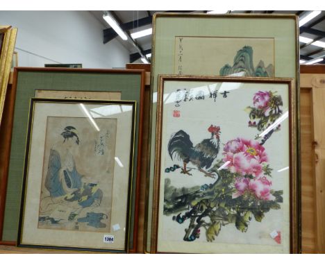 AN ANTIQUE JAPANESE WOODBLOCK PRINT.&nbsp; TOGETHER WITH THREE ORIENTAL PICTURES, SIZES VARY