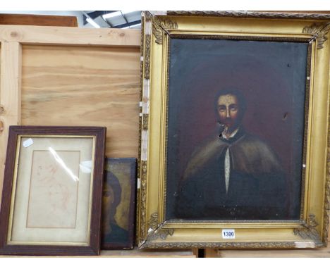 19th.C. CONTINENTAL SCHOOL. PORTRAIT OF A GENTLEMAN, OIL ON CANVAS.&nbsp; 46 x 36cms.&nbsp; TOGETHER WITH AN ICON AND A PORTR