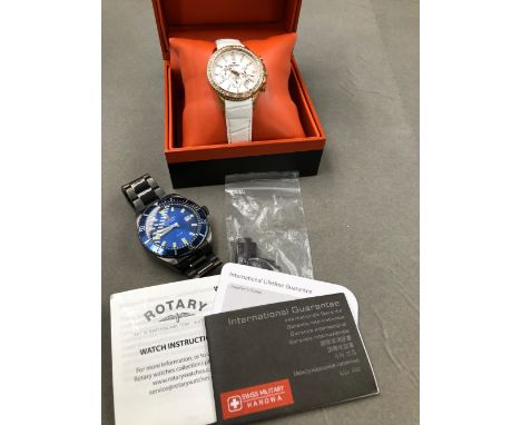 A LADIES ROTARY AQUASPEED WATCH ON A WHITE LEATHER STRAP TOGETHER WITH A SWISS MILITARY HANOWA BRACELET WATCH. 