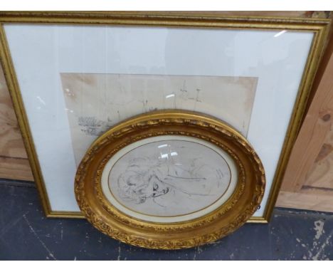 A BARBIER (20th.C.)&nbsp; FISHING BOATS, SIGNED, PENCIL DRAWING.&nbsp; 20 x 28cms.&nbsp; TOGETHER WITH AN OVAL PORTRAIT SKETC