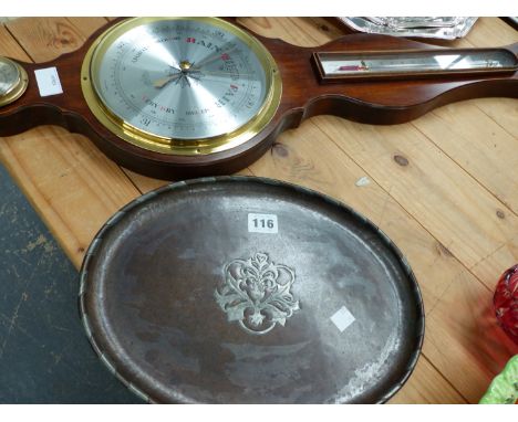 A HUGH WALLIS PEWTER INLAID COPPER TRAY, A MAHOGANY CASED WALL BAROMETER, AND A PAIR OF HARD WOOD AFRICAN BOOK ENDS. 