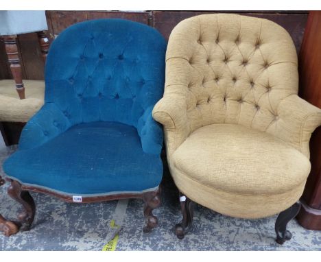 TWO ROUND BACKED NURSING CHAIRS BUTTON UPHOLSTERED IN BEIGE AND BLUE