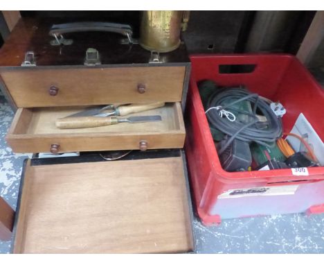 A TOOL BOX, CHISELS, AND VARIOUS TOOLS. 