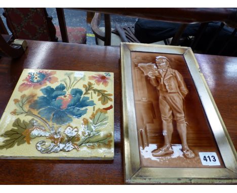 AN ANTIQUE PORCELAIN PANEL DEPICTING A DICKENSIAN CHARACTER, AND ONE FURTHER TILE. 