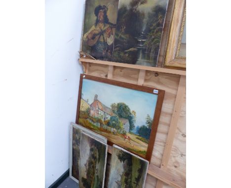 SEVEN 19th/20th.C. OIL PAINTINGS ON CANVAS, SIX LANDSCAPES OF VARYING SIZES, SOME UNFRAMED.&nbsp; TOGETHER WITH A PORTRAIT OF