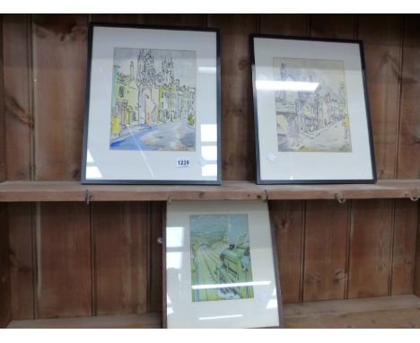 MID 20TH CENTURY ENGLISH SCHOOL TWO INDISTINCTLY SIGNED WATERCOLOURS OF VILLAGE STREET SCENES T/W A RAILWAY PRINT (3)