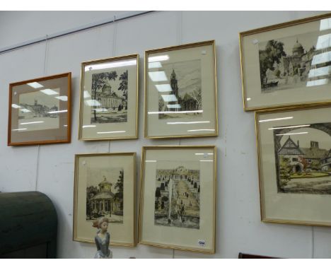 SIX 20TH CENTURY PENCIL SIGNED ETCHINGS OF CONTINENTAL ARCHITECTURAL SCENES AND A FURTHER LANDSCAPE PICTURE (7)