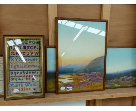 HERBERT TOMLINSON (EARLY 20th.C.) TWO MOORLAND VIEWS, SIGNED, WATERCOLOURS.&nbsp; TOGETHER WITH TWO VINTAGE ALPHABET SAMPLERS