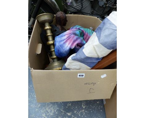 A HAMMOCK, A LARGE BRASS PRICKET CANDLESTICK, PICTURE FRAMES, A CARVED FIGURE, AND A TIE DYE THROW. 