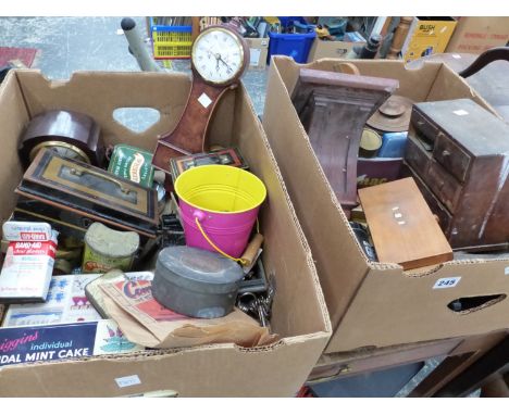 VINTAGE COLLECTORS TINS, MANTLE CLOCKS, BOX OF TOOLS ETC. 