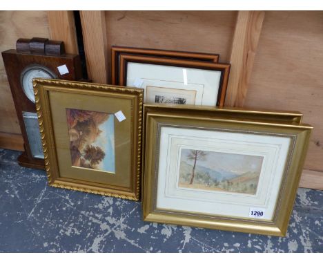 A PAIR OF 19th.C. LANDSCAPE WATRCOLOURS. 9 x 16cms.&nbsp; TOGETHER WITH OTHER PICTURES AND A VINTAGE OAK CASED BAROMTER.