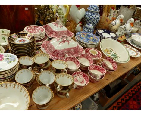 AN ANTIQUE HAND PAINTED PART TEA SERVICE, A CROWN STAFFORDSHIRE COFFEE SERVICE, COPELANDS RED AND WHITE TEA AND DINNER WARES,