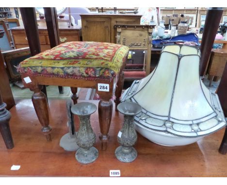 A VICTORIAN SMALL STOOL, WASH BOWLS, HOG SCRAPER CANDLESTICK, LIGHT SHADE ETC. 
