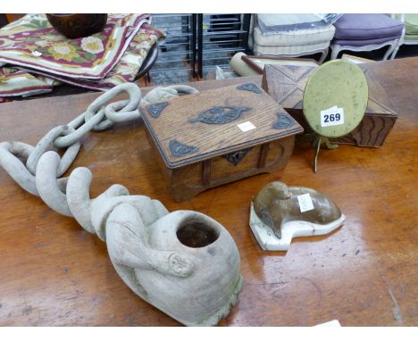 A DECORATIVE CARVED WOODEN BALL CHAIN AND HAND, TOGETHER WITH TWO TRINKET BOXES, A MINIATURE BRASS TILT TOP TABLE, AND A STON