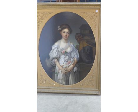 A 19th century re-lined oil on canvas three quarter length - Portrait of a beautiful young girl in a white satin dress - all 