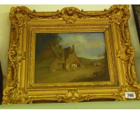 A 19th century oil on panel in the manner of J.B. Crome depicting a Country landscape with figures and horses outside an Inn 