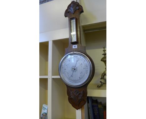 An oak Aneroid Barometer and Thermometer - Height 80 cm