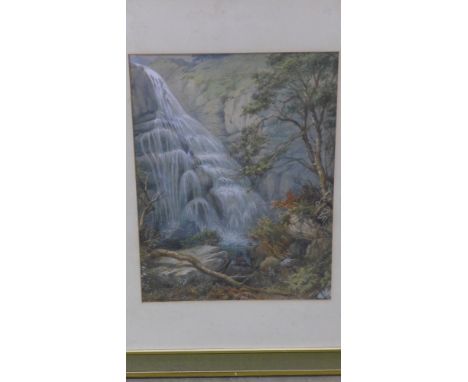 A framed watercolour of Figures below and Alpine waterfall - signed J. Lange Pinx Pistvlly Cayne - 48 cm x 36 cm 
Condition r
