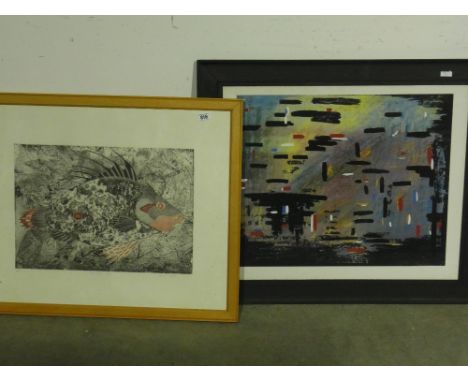 Rachel Clark - artist proof lithograph fossilized fish - 35 cm x 49 cm and a framed watercolour and gouache abstract signed H