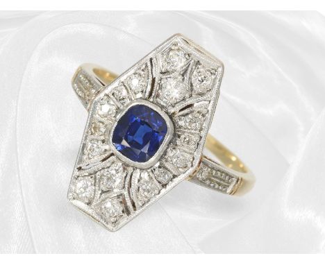 Ring: sehr schöner Art déco Ring mit Edelsteinbesatz, antike Handarbeit aus 14K Gold: Ca. Ø19mm, RG60, ca. 4,6g, 14K Gold, Ri