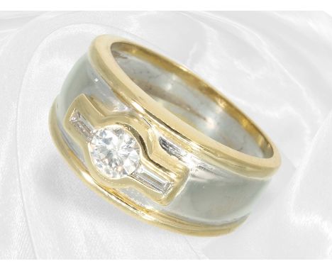 Ring: Bicolor Brillant/Diamant-Goldschmiedering, schöner Mittelstein von ca. 0,35ct: Ca. Ø17mm, RG54, ca. 7,7g, 18K Bicolor, 