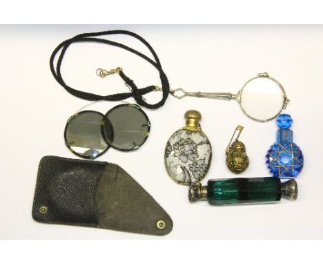 2 19th century glass perfume bottles and 2 others, a lorgnette and sunglasses