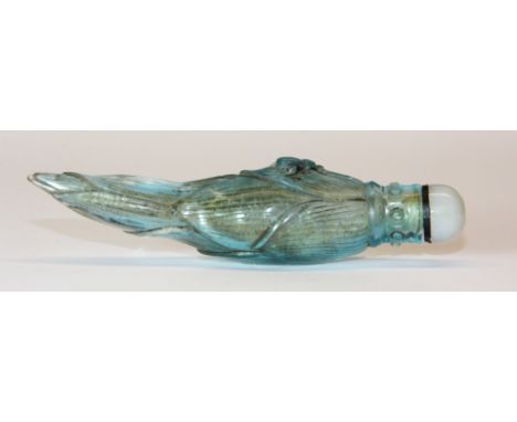 A Chinese carved blue Peking glass snuff bottle with white jade stopper L 11cm