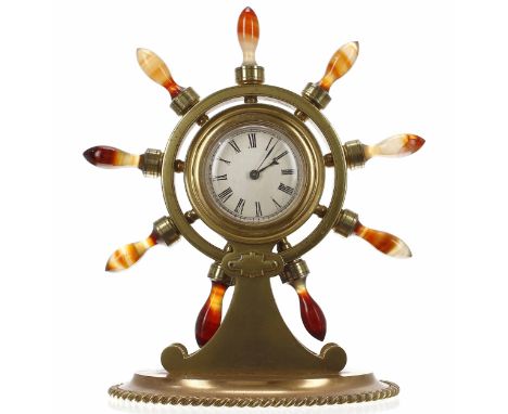Novelty brass and copper ship's wheel mantel clock timepiece, the 2.25" silvered dial within a brass casing and ship's wheel 