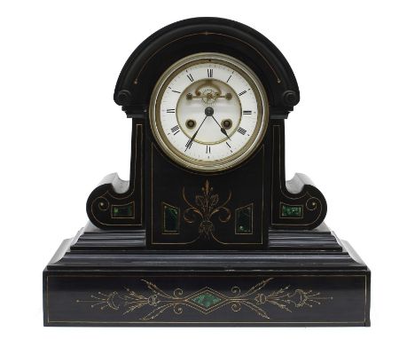 Good French black slate and malachite inset two train mantel clock striking on a bell (missing), the 4.75" chapter ring enclo