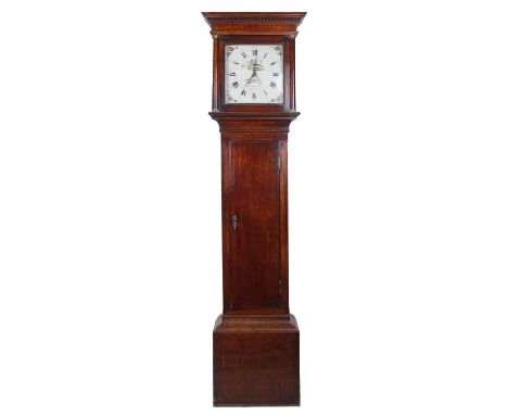 Oak thirty hour longcase clock, the 11" square painted dial signed S: Hanscomb, Woodburn to the dial centre with calendar ape