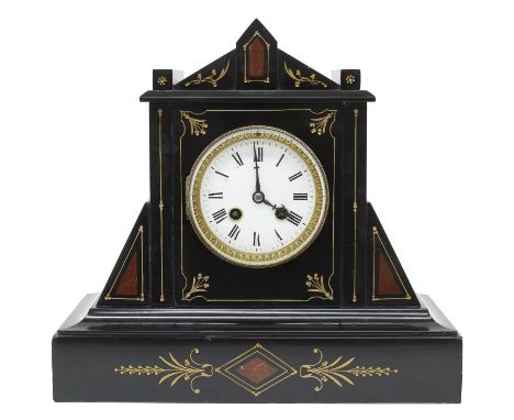 French black slate and red marble two train mantel clock, the movement with outside countwheel striking on a bell, the 3.75" 