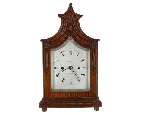 Good small oak double fusee bracket clock, the 3.5" silvered pointed arched dial plate signed Turner, Fenchurch St, London, t