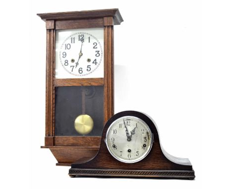 Oak cased three train Napoleon hat mantel clock striking on eight&nbsp;rods, 9" high (pendulum and key); also an oak cased tw
