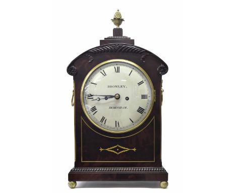 English mahogany&nbsp;double fusee bracket clock, the 8" convex white dial signed Bromley, Horsham, within a rounded arched c