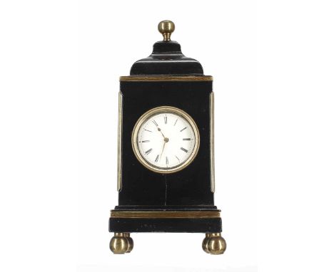 Interesting ebonised and brass bound miniature mantel clock with verge pocket watch movement, within a stepped case surmounte