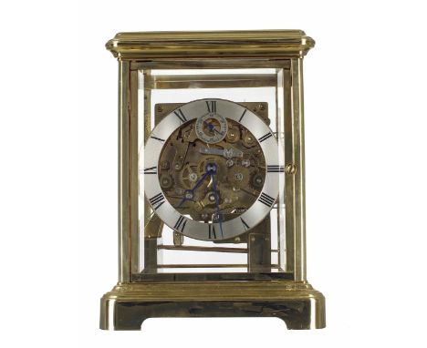 Modern Kieninger three train brass four glass mantel clock, the movement with platform escapement striking on eight brass rod