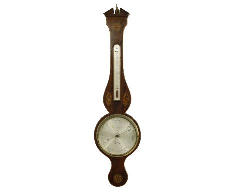 Mahogany banjo barometer/thermometer, the 8" silvered dial signed D. Ortelly &amp; Co., Bath, within a boxwood banded shaped 