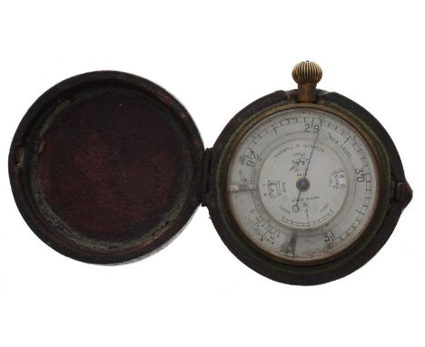 Negretti &amp; Zambra gilt metal pocket weather forecaster barometer, Patent 6276/15, the silvered dial with 28 to 31 pressur