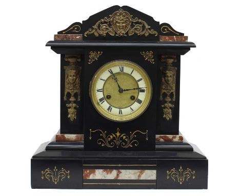 French black slate and coloured marble gilt metal mounted two train mantel clock, the Junghans movement striking on a gong, t