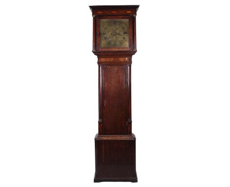 Oak eight day longcase clock, the 14" square brass dial with subsidiary seconds and calendar dials to the foliate engraved ce