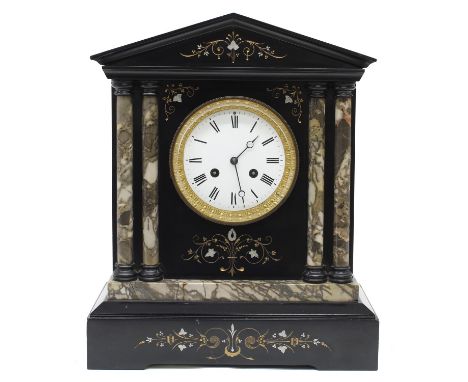 French black slate and grey veined marble two train mantel clock, the S. Marti movement striking on a gong, the 4.5" white di