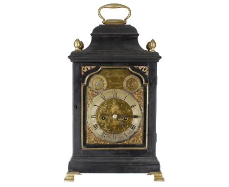 English ebonised double fusee verge bracket clock,&nbsp;the 6" shaped brass dial signed Richard Templer, London, to the arch 