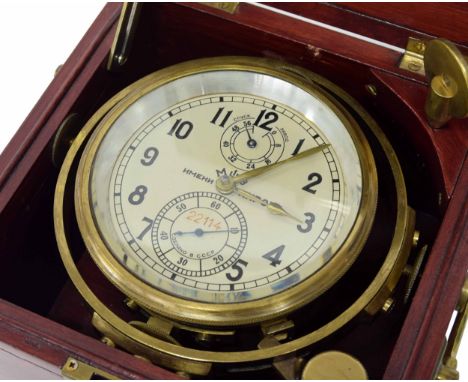 Russian two day marine chronometer, the 4" cream dial with subsidiary state of wind and seconds dials, signed in Russian, no.