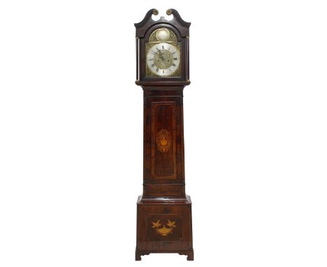 Good Scottish mahogany and inlaid eight day longcase clock, the 12" brass arched dial signed Jonathan Carmichael, Greenock on