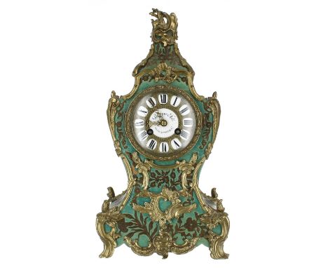 French two train balloon mantel clock, the 3.25" brass chapter ring with Roman cartouche enamel numerals enclosing an enamel 