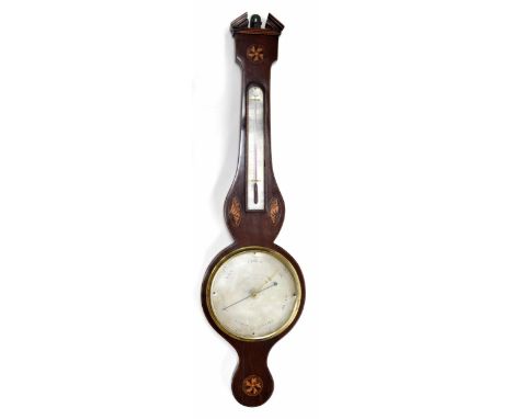 Mahogany inlaid banjo barometer/thermometer, the 8" silvered dial indistinctly signed ...London 