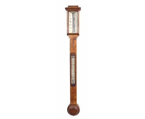 Oak stick barometer/thermometer, the angled bone scale signed J. Davis &amp; Son, London &amp; Derby, over a flat trunk and s