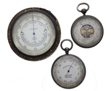 Silver compensated pocket barometer/altimeter, maker J. Hicks, London, 51mm, within a hinged case; together with a white meta